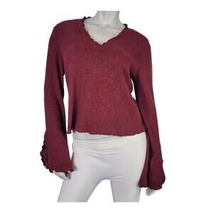 Gypsies & Moondust SZ L Top Red Lettuce Hem V Neck Peasant Bell Sleeves Boho